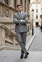 Slim Fit Pointed Collar Double Slit Stripes Double-Breasted Gray Suit (Modern Elegance) - 3