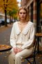 Women's Shirt Collar Paneled Soft Textured Wide Fit Balloon Sleeve Knitwear Cardigan with Embroidered Details - 3