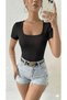 Women's U-Neck Ribbed Knit Fabric Short Sleeve T-Shirt