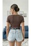 Women's U-Neck Ribbed Knit Fabric Short Sleeve T-Shirt - 4