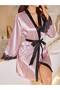 Women's Satin Line Patterned Lace Detailed Stylish and Comfortable Satin Dressing Gown - 5
