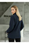 Navy Blue Women's Fleece Jacket with Front Piece Detail and 3 Pockets - 3