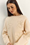 Women's Beige Floral Eva Embroidery Three Thread Embroidered Sweatshirt 60601046 - 5