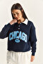 Women's Navy Blue Polo Collar Chicago Printed Three Thread Ribbed Sweatshirt 60601050 - 3
