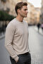 Men's Slim Fit Beige Crew Neck Cotton Blend Knit Sweater - 2