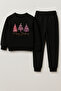 New Year 2026 Santa Claus Christmas Printed Crew Neck Black Children's Tracksuit Bottom Top Set