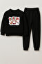 New Year 2026 Santa Claus Christmas Printed Crew Neck Black Children's Tracksuit Bottom Top Set