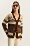 Women's Brown Geometric Patterned Shawl Knitwear Cardigan 20258059 - 3