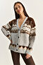 Women's Gray Geometric Patterned Shawl Knitwear Cardigan 20258059 - 3