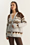 Women's Gray Geometric Patterned Shawl Knitwear Cardigan 20258059 - 4