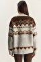 Women's Gray Geometric Patterned Shawl Knitwear Cardigan 20258059 - 7