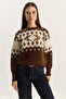 Women's Brown Ecru Crew Neck Patterned Shawl Collar Knitwear Sweater 20251117 - 2