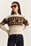 Women's Ecru Brown Crew Neck Patterned Knitted Sweater 20251117 - 5
