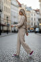 Beige Fleece-Lined Knit Pants Bomber Jacket Women's Two-Piece Set - 6