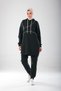 2300_Women's Emerald Green White Ribbed Hooded Pocket Cotton Lycra Long Length Sweat Hijab Tracksuit Set - Two-Piece Set - 3