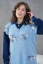 Women's Long Knit Dress with Denim Detail on the Sleeves, Tulle Front, Floral and Stone Embroidery, Loose Fit - 3