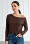 Brown-Beige 2-Pack Women's Off-Shoulder Boat Neck Relaxed Fit Long Sleeve T-Shirt - 5