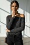 Anthracite Women's Off-Shoulder Boat Neck Relaxed Fit Long Sleeve T-Shirt