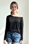 Black Women's Off Shoulder Boat Neck Relaxed Fit Long Sleeve T-Shirt