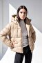 Women's Brown Puffer Coat Drawstring Hooded - 3