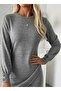 Women's Long Sleeve Crew Neck Mini Soft Dress with Asymmetrical Cut Detail at the Front - 2