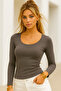 Women's Smoked U-Neck Flexible Long Sleeve Cotton Blouse - 4