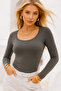 Women's Smoked U-Neck Flexible Long Sleeve Cotton Blouse
