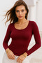 Women's Burgundy U Neck Stretchy Long Sleeve Cotton Blouse