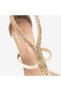 Women's Beige Nude Gold Stone Striped T-Strap Pointed Toe Thin High Heel Evening Dress Shoes - 6