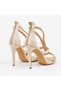 Women's Beige Nude Gold Stone Striped T-Strap Pointed Toe Thin High Heel Evening Dress Shoes - 5