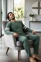 Stylish Men's Long Sleeve Pajama Set with Green Line Pattern - 3