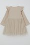 Girl's Long Sleeve Dress with Ruffle Detail on the Shoulder and Bow, Ages 3-8, Beige - 2