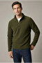 Men's Khaki Half Zipper Mock Neck Fleece Sweatshirt - 2