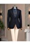 Italian Style S Slim Fit Quilted Turn-Down Collar Bag Pocket Jacket Navy Blue T15121