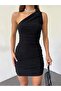 Women's One-Shoulder Drape Detail Flexible Fabric Double Layer Mini Dress - 2