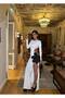 Women's Shoulder Shoulder Pad Long Dress with Floral Accessories on the Side Slit Stretch Fabric