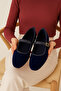 Women's Navy Blue Buckled Suede 1 cm Mary Janes Ballet Flats BYNDSHR04