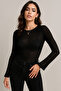 Women's Black Thick Textured See-Through Long Sleeve Blouse - 4