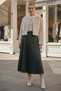 Khaki Skirt Pleated Elastic Waist Casual Faux Leather Long Woven Skirt 95 60