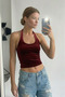 Velvet Halter Neck Crop Top Bluz Body Black - 2