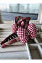 Red gingham patterned fabric covered toggle buckle - 2