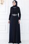 Navy Blue Long Chiffon Cape Stone Detail Hijab Evening Dress Abu39842