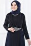 Navy Blue Long Chiffon Cape Stone Detail Hijab Evening Dress Abu39842 - 2