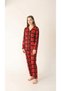 Cotton Buttoned Shirt Collar Pajama Set Red Black Plaid - 3