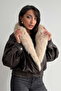 Double-Breasted Leather Coat with Fur Collar - 2