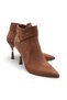 Women's Tan Suede, 9.5 cm Heel, Pointed Toe, Shiny Stone Detailed Strappy Stylish Boots - 6