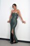 Women's Strapless Bat Neckline Lined Top Stone Embroidered Front D Draped L Stretch Fabric Long Satin Dress - 3