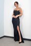 Women's Strapless Bat Neckline Lined Top Stone Embroidered Front D Draped L Stretch Fabric Long Satin Dress - 3