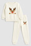 Geyik New Year Santa Claus Christmas Printed Crew Neck Ecru Children's Tracksuit Bottom and Top Set