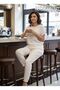 Women's Daisy and Star Patterned Mesh Detailed Short Sleeve Linen Combination (Blouse and Trousers) Surprise Bracelet Gift - 3